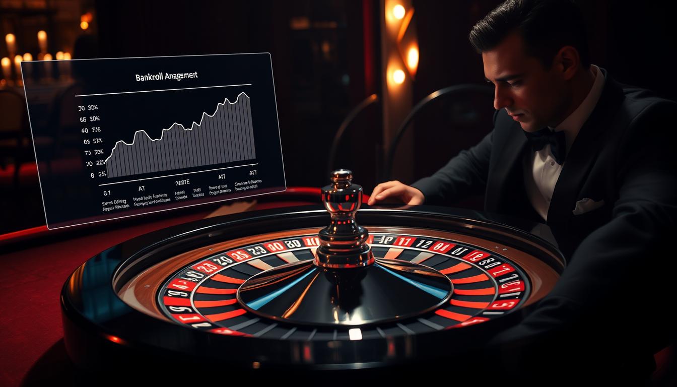 A high-stakes roulette table with an AI-powered bankroll management interface displayed on a sleek, holographic screen hovering above the felt. The screen shows a real-time graph of the player's bankroll, smart algorithms adjusting bet sizes and suggesting optimal timing for each spin. Dramatic chiaroscuro lighting casts deep shadows, creating an atmosphere of tension and focus. The roulette wheel spins steadily, its polished chrome surface reflecting the player's intense, yet calm expression as they monitor the AI's recommendations. The background is a dimly lit casino interior, hinting at the thrill and risk of the high-stakes game.