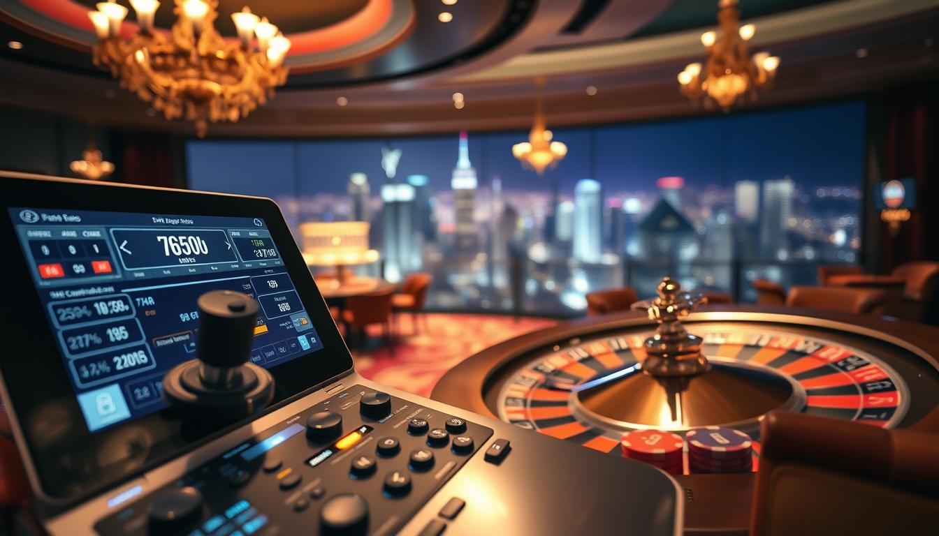 A high-tech control interface with a sleek, modern design dominates the foreground, featuring a roulette wheel, betting chips, and digital displays showcasing real-time odds and betting data. The middle ground showcases a luxurious casino setting, with plush carpeting, ornate chandeliers, and an atmosphere of sophistication. In the background, a panoramic view of a bustling city skyline at night adds a sense of dynamic energy and urban excitement. Ambient lighting casts a warm, inviting glow, and the overall composition conveys a seamless integration of cutting-edge technology and the allure of the casino experience.