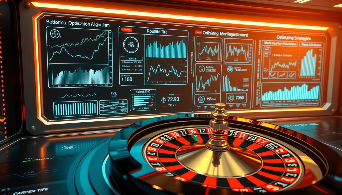 A high-tech control panel displaying various roulette betting strategies and optimization algorithms. Sleek metal and glass surfaces, holographic displays, and a minimalist aesthetic create a futuristic, data-driven atmosphere. In the foreground, a roulette wheel spins against a backdrop of graphs, charts, and simulation visualizations, showcasing the power of technology to revolutionize classic gambling systems. Warm, focused lighting illuminates the scene, creating a sense of precision and innovation. The overall mood is one of technological mastery, empowering the player to take control of their roulette destiny.