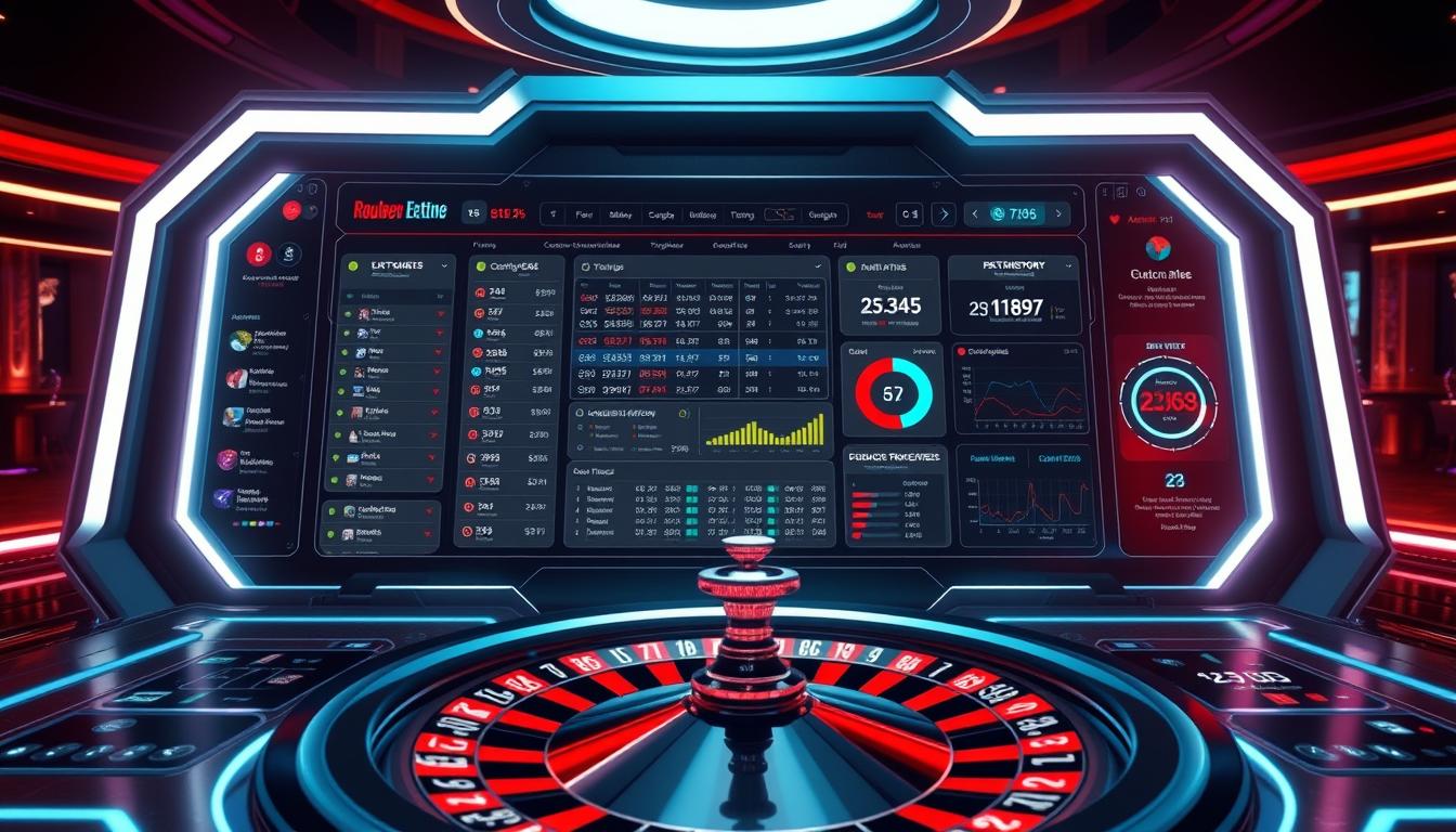 A high-tech control panel with an intuitive roulette betting interface. The foreground features a sleek, digital roulette wheel displaying live betting statistics and a comprehensive betting history. The middle ground showcases a detailed dashboard with customizable bet tracking tools, performance analytics, and interactive visualizations. The background depicts a futuristic casino environment with moody lighting, holographic elements, and a sense of technological sophistication. The overall scene conveys the power of leveraging advanced bet tracking technology to elevate one's roulette gameplay and strategy.