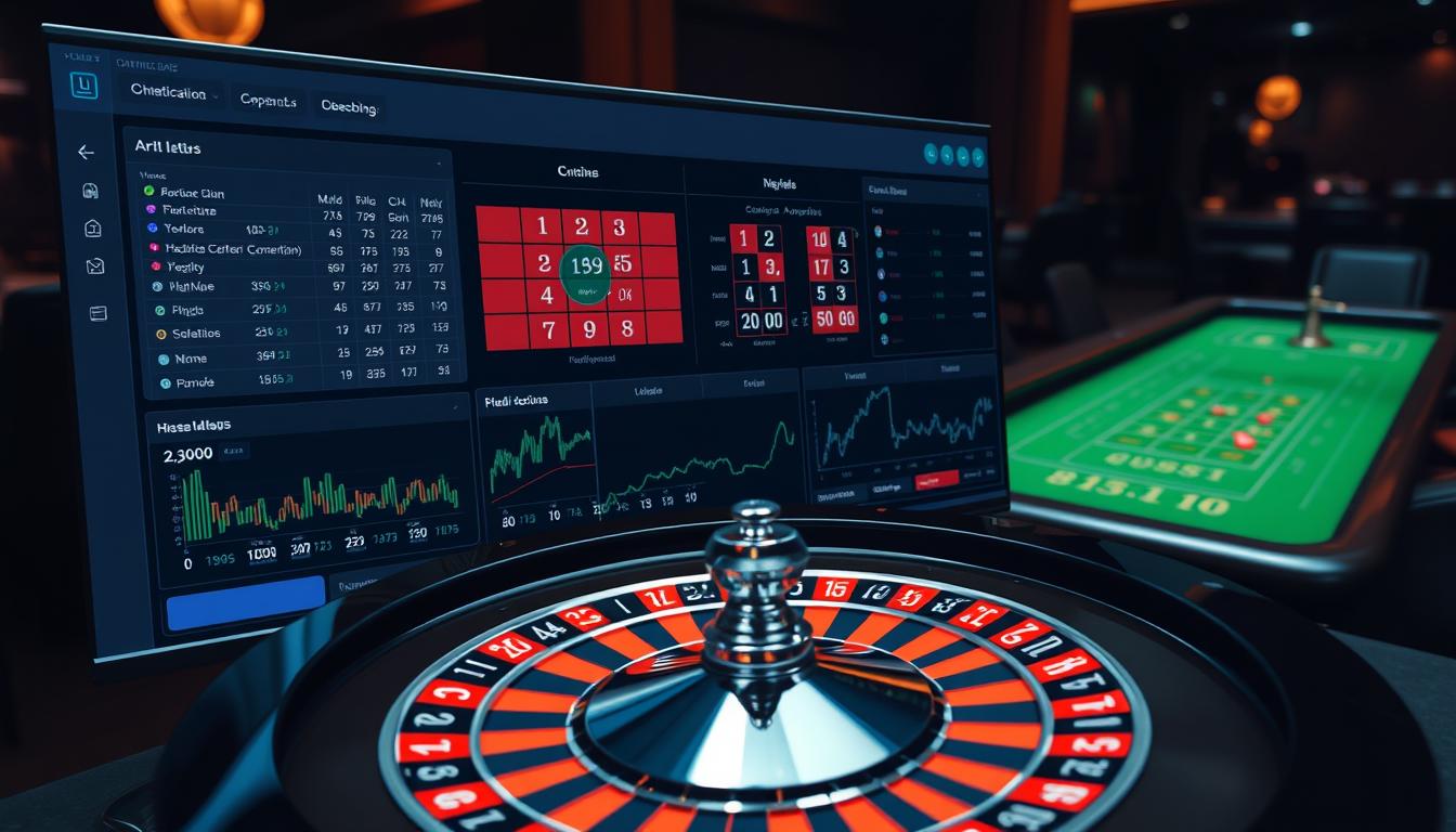 A sleek and intuitive roulette tracking software interface, displayed on a high-resolution monitor. In the foreground, a detailed visualization of a roulette wheel, complete with numbered sectors and indicators tracking the ball's movement. The middle ground features a series of interactive graphs and charts, displaying historical data, statistical analysis, and predictive algorithms. The background subtly depicts a dimly lit casino environment, with hints of green felt tabletops and the faint glow of neon lights, creating an immersive and focused atmosphere for the user to maximize their roulette betting strategy.