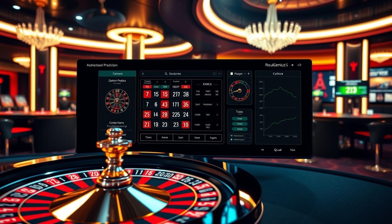 A sleek and modern virtual roulette interface, showcasing the advanced prediction capabilities of the RouleGENIUS software. The foreground features a vibrant roulette wheel, with dynamic lighting and high-resolution textures, casting a warm glow across the interface. The middle ground displays a detailed control panel, with intuitive controls and detailed statistics, reflecting the software's advanced analytics. The background depicts a stylized casino environment, with atmospheric lighting and a sense of depth, creating an immersive and visually striking scene. The overall mood is one of sophistication, technological prowess, and the thrill of predicting the unpredictable.