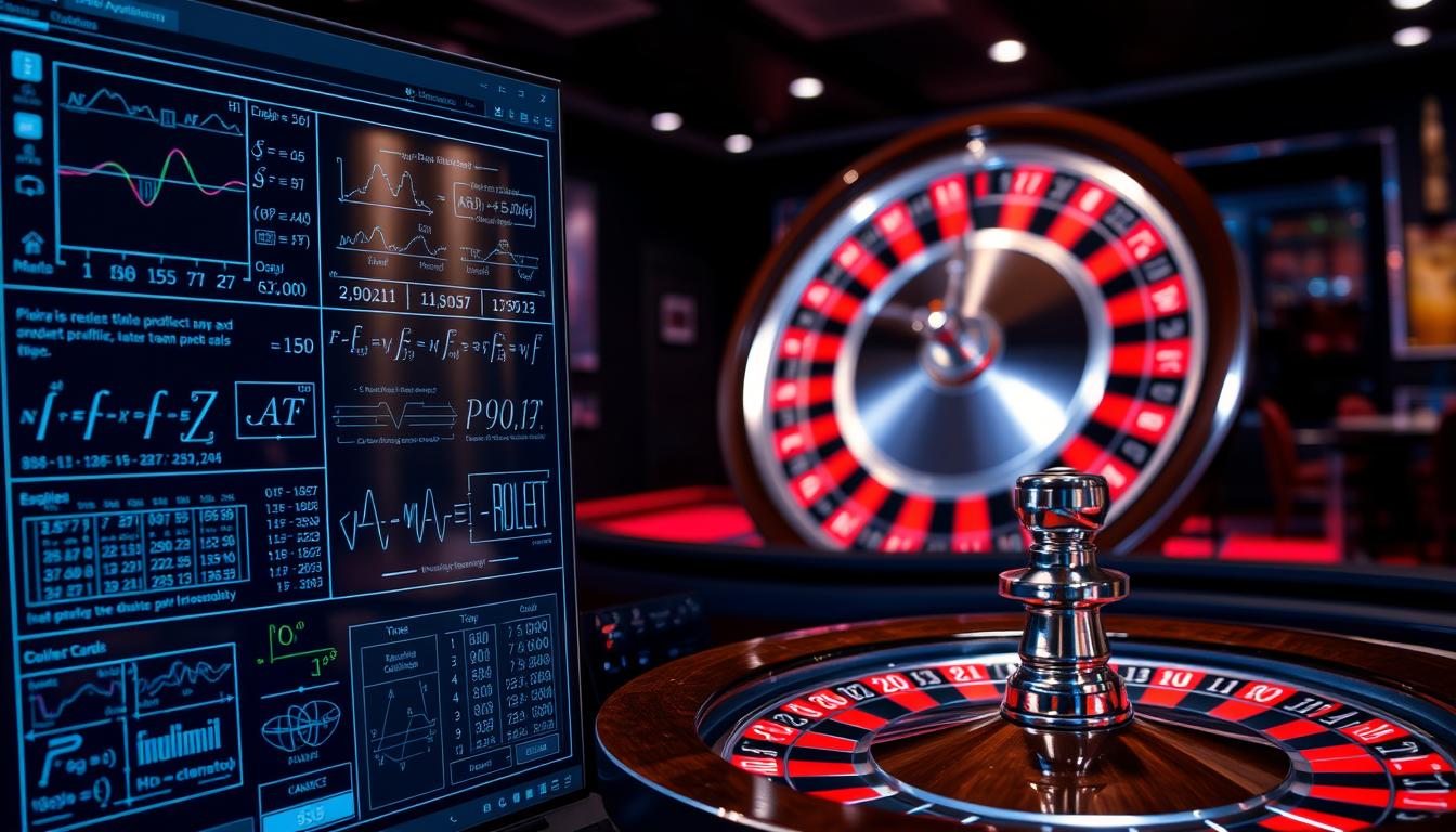 A sleek, high-tech computer interface displaying intricate roulette prediction algorithms, with a spinning roulette wheel visible through a transparent display panel. The foreground features complex mathematical formulas, probability calculations, and data visualizations, hinting at the sophisticated inner workings of the software. The middle ground showcases an array of customizable settings and controls, allowing the user to fine-tune the prediction parameters. The background depicts a dimly lit, modern casino environment, with subtle lighting effects creating a sense of mystery and anticipation. The overall atmosphere conveys a balance of technological prowess and the thrill of the roulette table.
