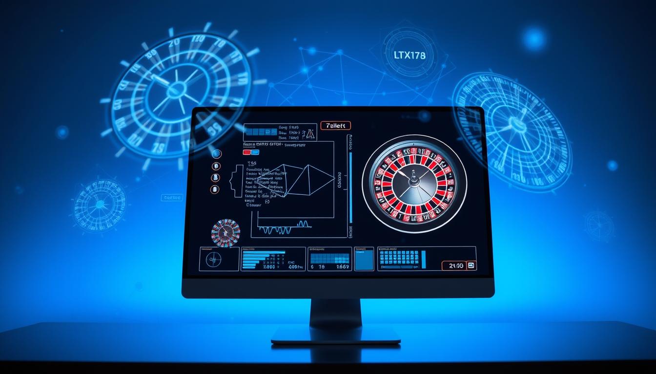 A sleek, high-tech computer monitor displays a complex roulette prediction algorithm, its algorithms and data visualizations projecting onto a darkened background. Holographic roulette wheels and probability models float in the air, creating an atmosphere of precision and analytical power. Soft blue lighting bathes the scene, giving it a futuristic, cutting-edge aesthetic. The monitor is set on a minimalist, metallic desk, conveying a sense of professional, scientific inquiry into the mysteries of the roulette wheel.