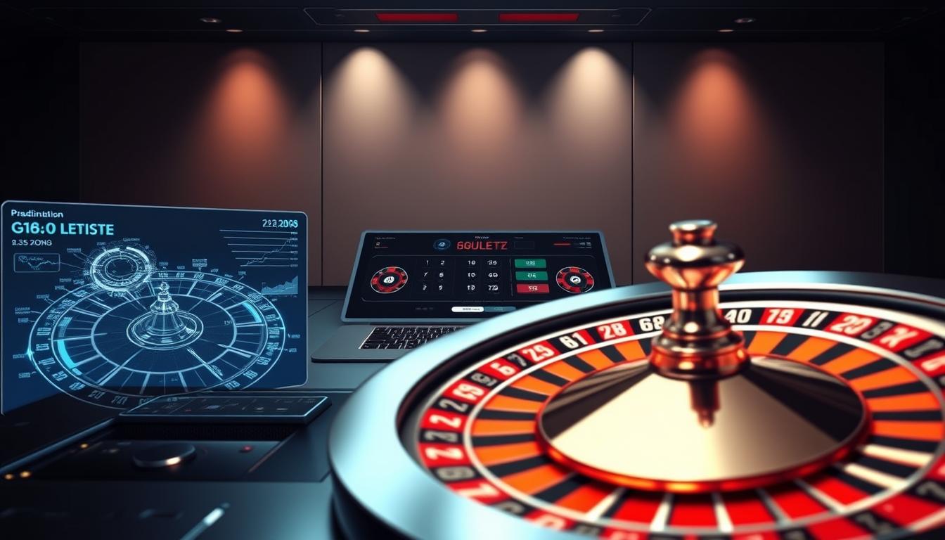 A sleek, high-tech interface depicting an advanced roulette analysis software. In the foreground, a detailed visualization of spinning roulette wheels, with dynamic data overlays highlighting complex patterns and statistical insights. In the middle ground, a series of interactive controls and customizable settings, allowing the user to fine-tune their predictive strategies. The background features a minimalist, darkened environment, with subtle lighting accentuating the software's cutting-edge aesthetics. The overall scene conveys a sense of precision, control, and the fusion of human expertise with powerful computational analysis, reflecting the "Implementing Winning Strategies with Software Analysis" section of the article.