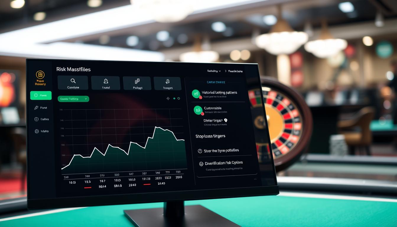 A sleek, modern software interface with a roulette wheel prominently displayed on the screen. The UI is clean and intuitive, with various risk management tools and analytics neatly organized. In the foreground, a line graph shows historical betting patterns and risk profiles. The middle ground features customizable risk thresholds, stop-loss triggers, and diversification options. The background showcases a subtly blurred casino environment, creating a sense of immersion and real-world applicability. The lighting is soft and natural, with a slight glow emanating from the screen. The camera angle is slightly angled, providing a dynamic perspective on the software's capabilities.
