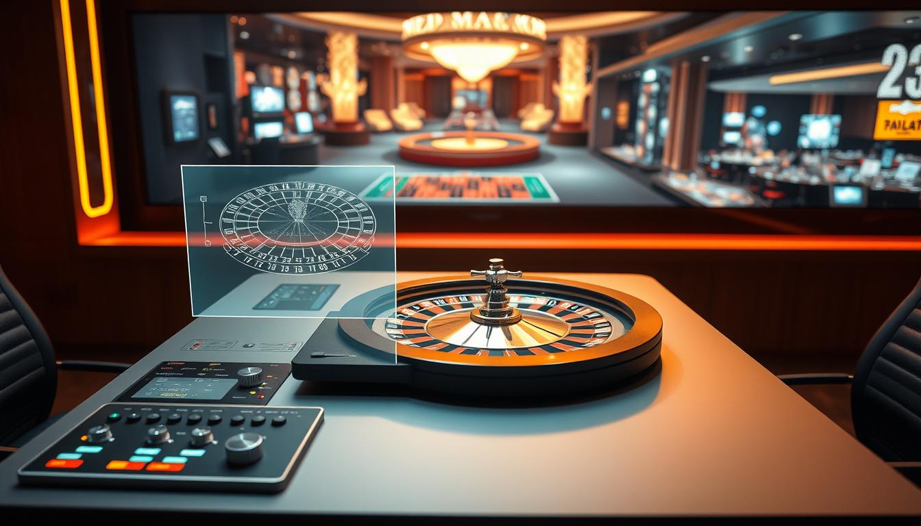 A sleek, modern tabletop displaying a roulette wheel, surrounded by an array of high-tech betting tools. In the foreground, a slim, digital roulette console with a touch screen interface showcases intricate betting options and live tracking of the wheel's spin. Beside it, a tactile control panel with precision knobs and buttons allows for fine-tuned wagers. In the middle ground, a holographic projection of the roulette layout hovers above the table, with dynamic indicators highlighting the latest results. In the background, a panoramic screen displays a live video feed from a glamorous casino floor, creating an immersive, high-stakes atmosphere. Warm, dramatic lighting casts dramatic shadows, heightening the tension and excitement of the scene.