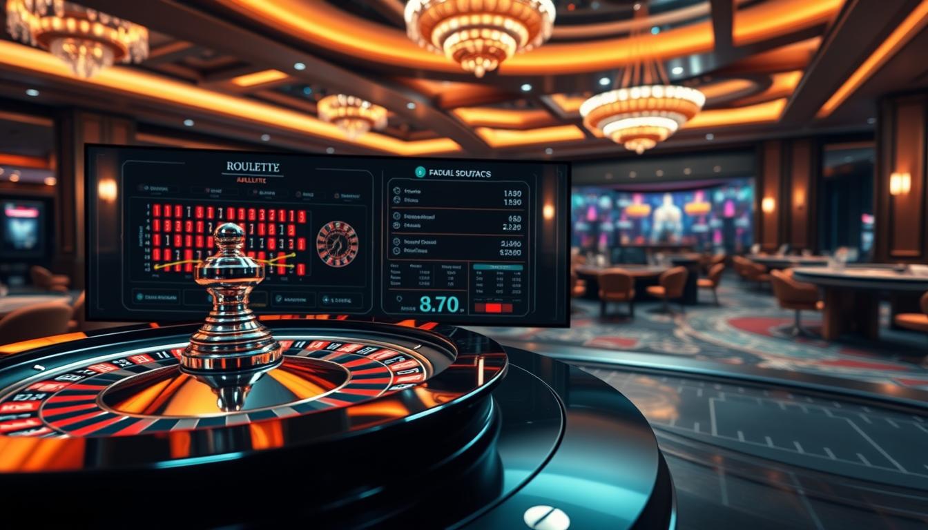 A sophisticated roulette simulation software interface glowing with an elegant yet futuristic aesthetic. In the foreground, a detailed 3D roulette wheel spins realistically, its polished metal and vibrant lights casting a warm glow. The middle ground features a sleek control panel with advanced analytics and betting options, inviting the user to meticulously plan their strategy. In the background, a panoramic view of a luxurious casino setting, with high ceilings, ambient lighting, and a sense of anticipation. The overall mood is one of precision, immersion, and the thrill of the game.