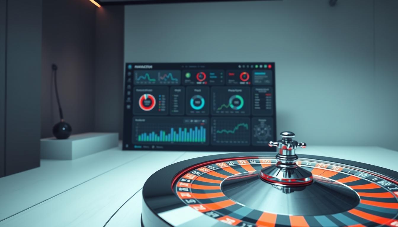 A sophisticated roulette software interface, depicted in a sleek and modern style. In the foreground, a detailed 3D model of a roulette wheel spins hypnotically, its finely crafted details shimmering under the soft, diffused lighting. The middle ground showcases a high-resolution display with various analytical tools, charts, and data visualizations, providing deep insights into roulette patterns and trends. In the background, a minimalist, tech-inspired environment sets the stage, with clean lines, muted colors, and subtle hints of futuristic elements. The overall scene conveys a sense of power, precision, and the transformative potential of advanced roulette software to revolutionize the player's experience.