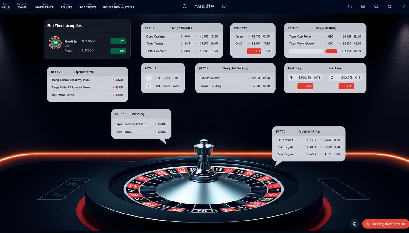 A stylish and modern software interface for a roulette bet optimization program. In the foreground, the main roulette wheel and table are displayed with clean, minimalist graphics. Floating above the table are various betting options, winnings calculations, and optimization tools presented in an intuitive, user-friendly layout. The background features a dark, moody color scheme with subtle lighting and shadows, creating a premium, high-tech ambiance. The camera angle is slightly elevated, giving an overview of the complete software interface. The overall aesthetic is sleek, professional, and designed to enhance the player's strategic roulette experience.