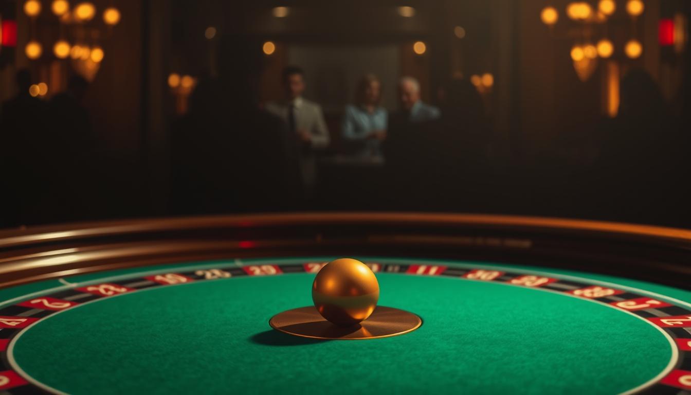 A table covered in a deep green felt, the surface marked with the distinct patterns of a roulette wheel. Centered on the table, a single golden ball rests, symbolic of the elusive yet ever-present "house edge" - the mathematical advantage the casino holds over players. The table is illuminated by a soft, warm light, casting a subtle glow over the scene, hinting at the allure and mystique of the game. In the background, a shadowy outline of a casino interior, with the faint sounds of clinking chips and the murmur of excited players. The overall atmosphere conveys the power and inevitability of the house edge, a reminder of the careful balance of risk and reward that defines the game of roulette. A table covered in a deep green felt, the surface marked with the distinct patterns of a roulette wheel. Centered on the table, a single golden ball rests, symbolic of the elusive yet ever-present "house edge" - the mathematical advantage the casino holds over players. The table is illuminated by a soft, warm light, casting a subtle glow over the scene, hinting at the allure and mystique of the game. In the background, a shadowy outline of a casino interior, with the faint sounds of clinking chips and the murmur of excited players. The overall atmosphere conveys the power and inevitability of the house edge, a reminder of the careful balance of risk and reward that defines the game of roulette.