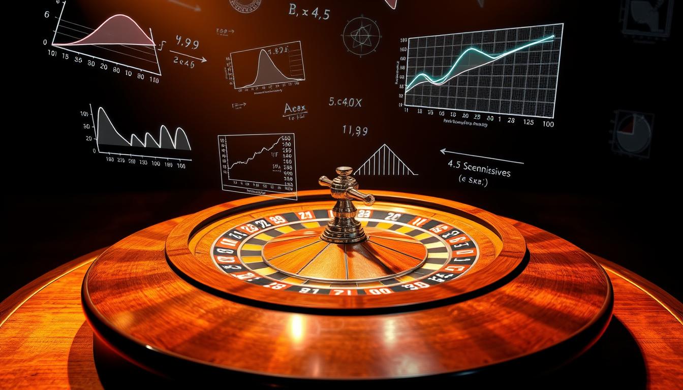 A visually striking illustration of the mathematical probabilities underlying roulette gameplay. A circular table with numbered pockets sits atop a gleaming wooden surface, illuminated by warm, focused lighting that casts dramatic shadows. Intricate probability charts and graphs float ethereally above the table, displaying statistical models and projections in a captivating visual dance. The overall atmosphere is one of scientific rigor and strategic depth, inviting the viewer to explore the nuanced, data-driven approach to optimizing roulette betting strategies.