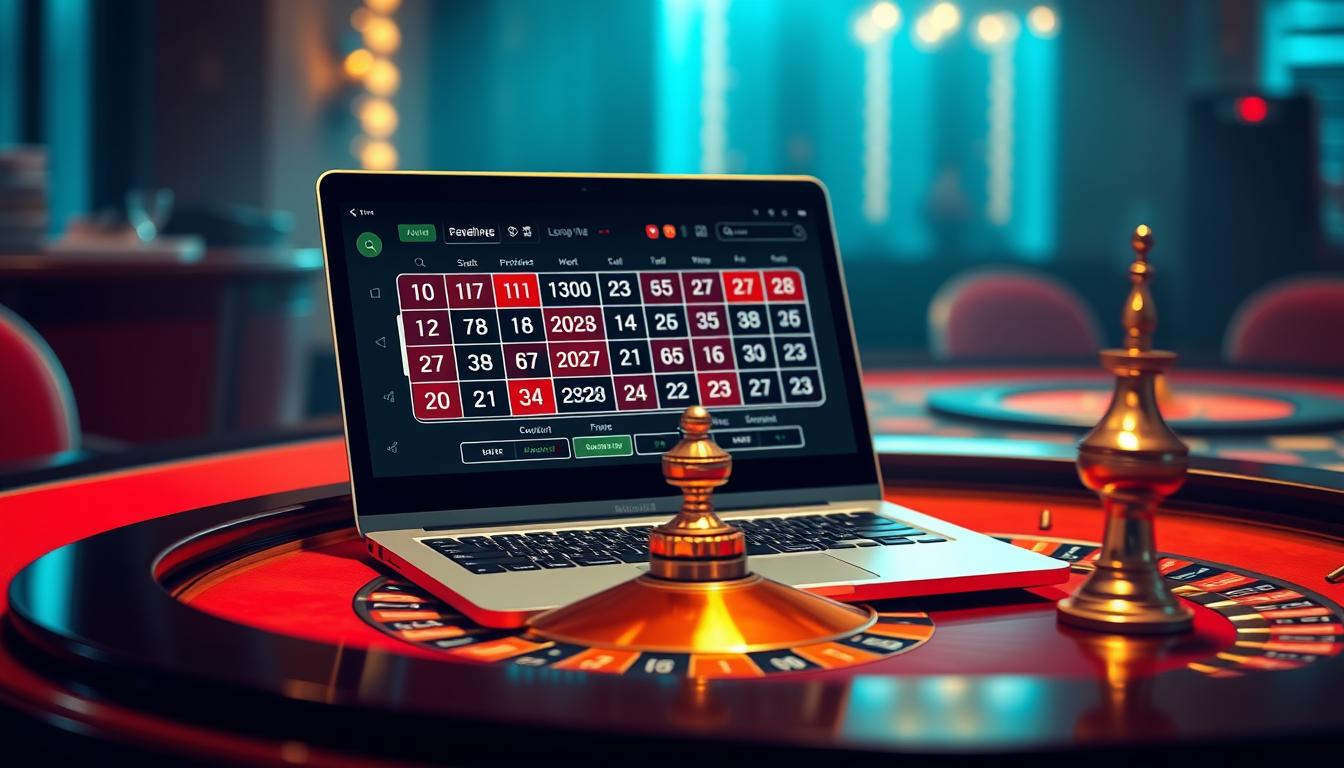 An image of a roulette table with a laptop displaying advanced roulette prediction software