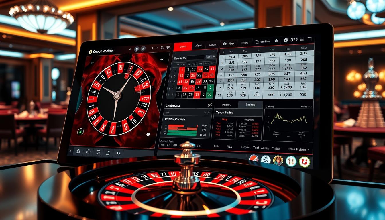 An ultramodern touchscreen interface displaying a comprehensive roulette prediction software, showcasing a sleek and intuitive layout. The foreground features an interactive wheel simulation with dynamic odds calculations, while the middle ground displays detailed historical data and predictive analytics. The background subtly incorporates the elegant ambiance of a high-end casino, with warm lighting, polished surfaces, and subtle environmental cues. The overall atmosphere conveys a sense of technological sophistication and precision, perfectly suited for optimizing roulette gameplay.