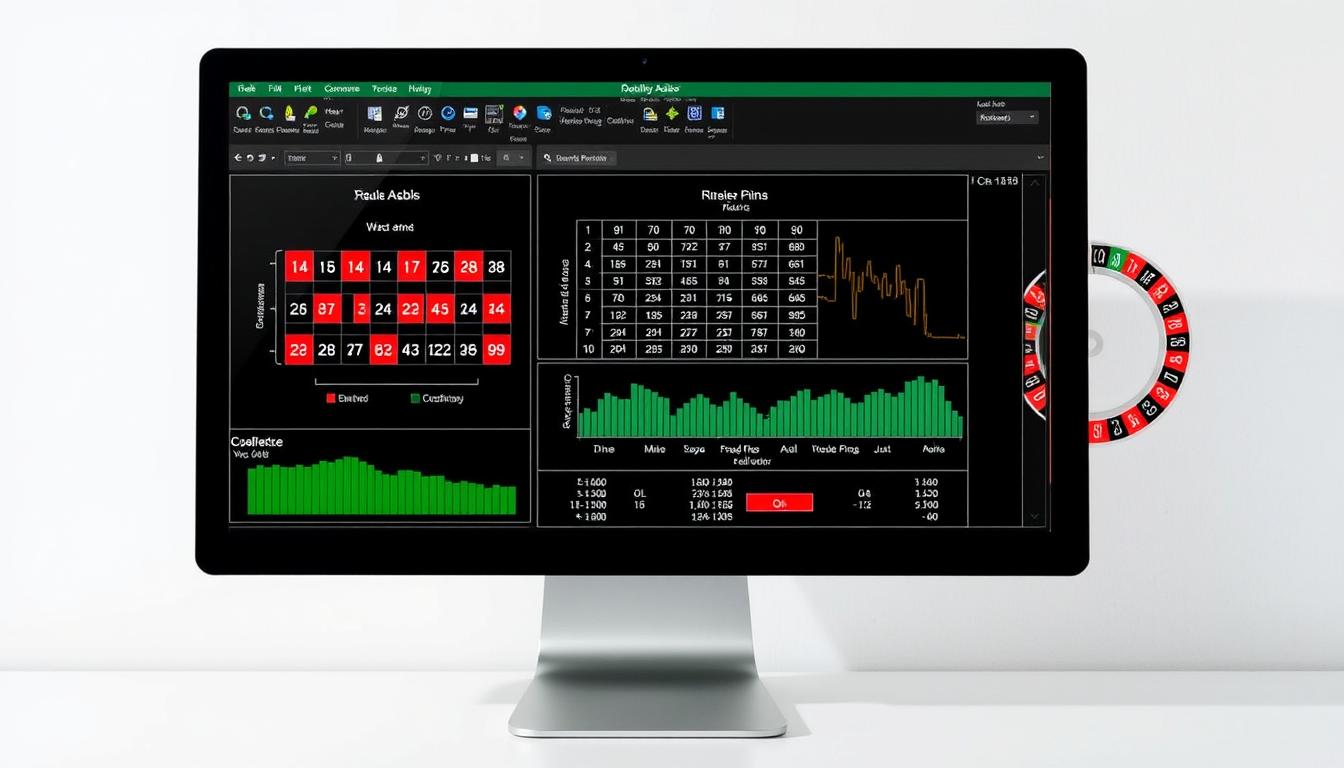 Generate an image of a computer screen displaying Roulette Analyzer software with charts and graphs. Generate an image of a computer screen displaying Roulette Analyzer software with charts and graphs.
