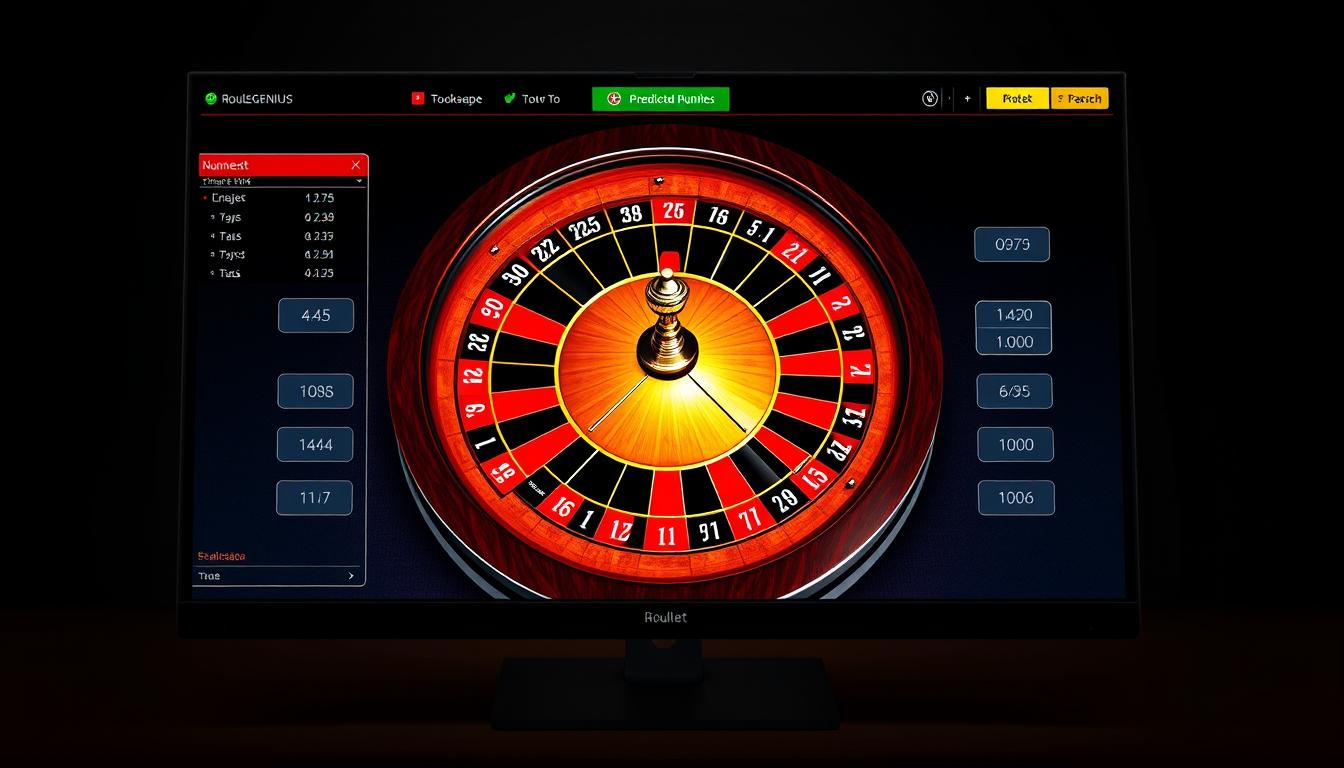 Generate an image of a desktop screen displaying the RouleGENIUS software interface, with a roulette wheel and predicted numbers. Generate an image of a desktop screen displaying the RouleGENIUS software interface, with a roulette wheel and predicted numbers.