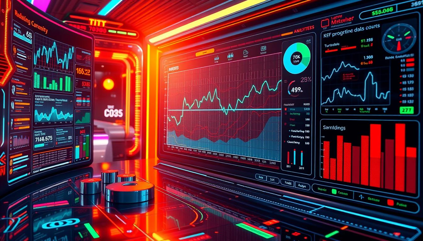 Generate an image of a futuristic gaming interface displaying real-time data analysis and predictions. Generate an image of a futuristic gaming interface displaying real-time data analysis and predictions.