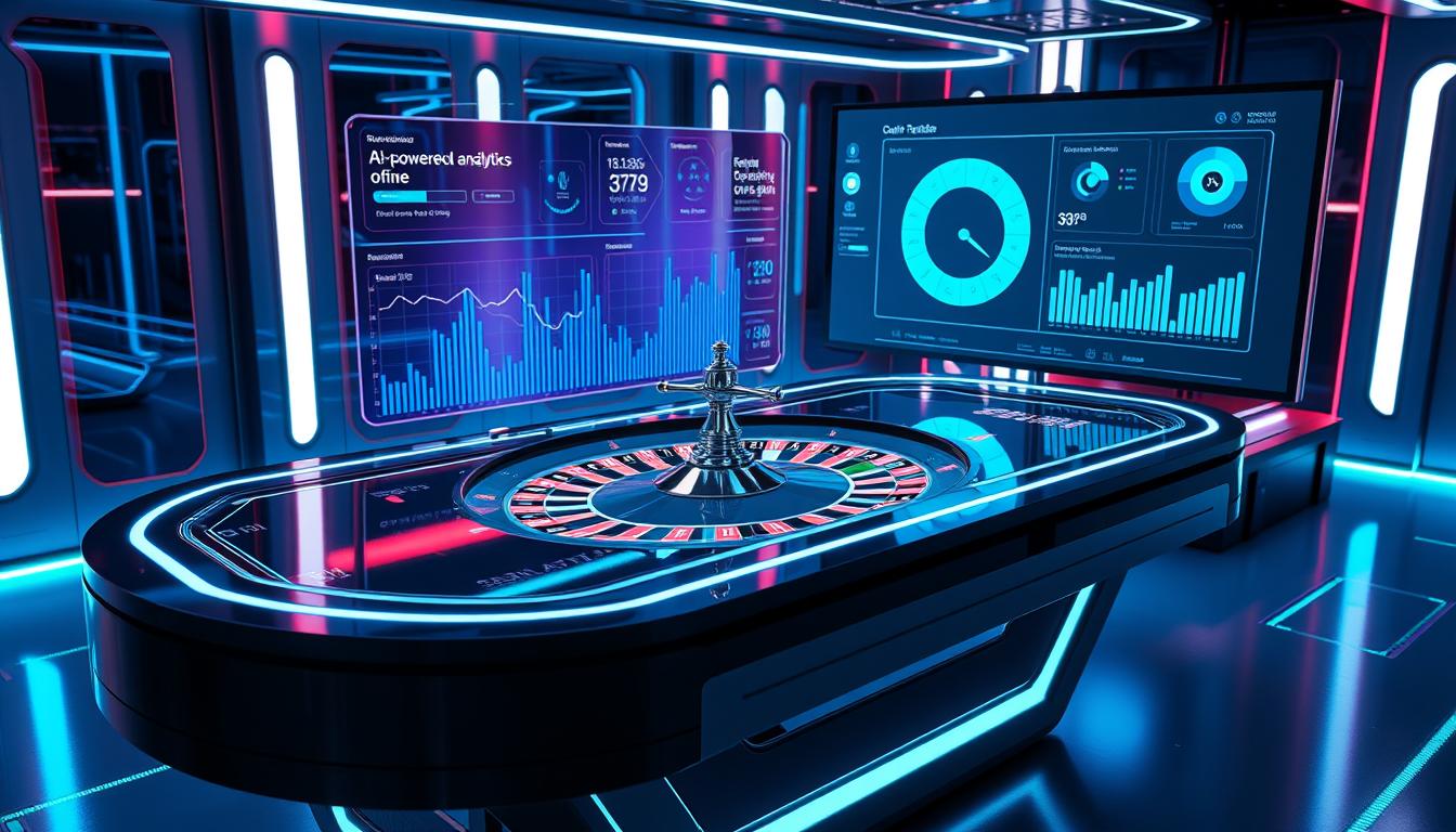 Generate an image of a futuristic roulette table with AI-powered analytics displayed on a screen nearby.