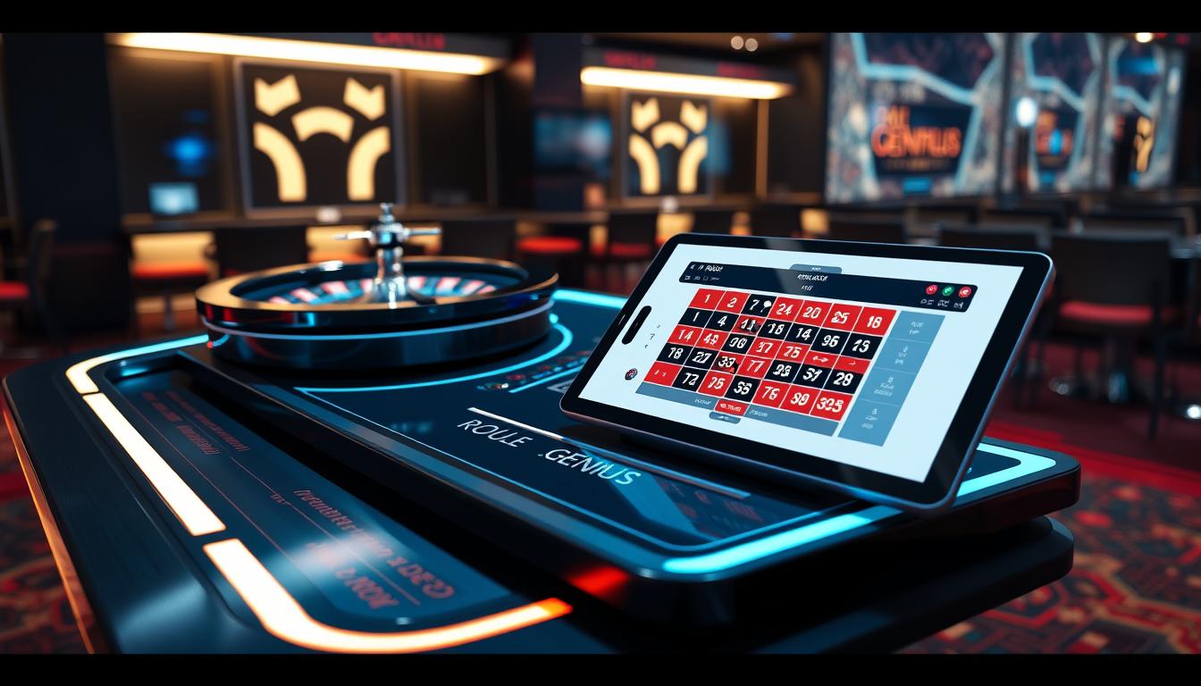 Generate an image of a futuristic roulette table with a tablet displaying the RouleGENIUS app beside it.