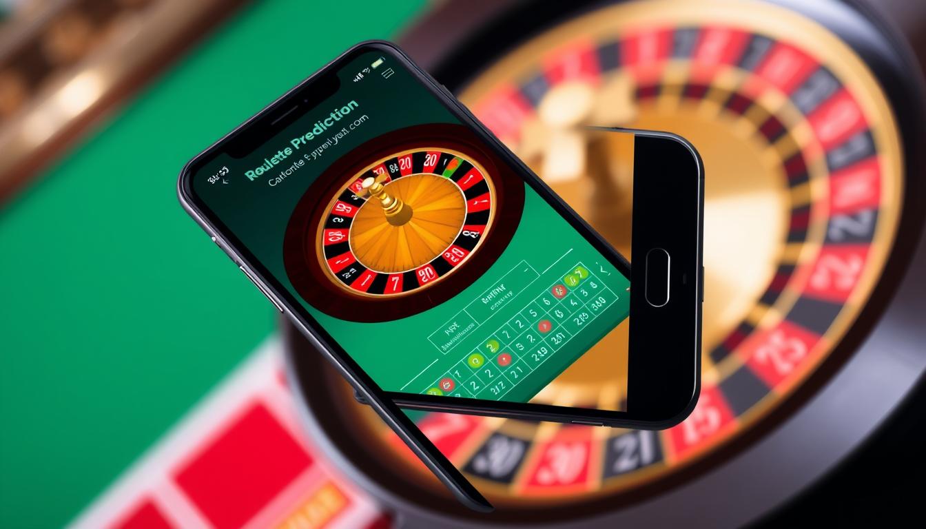Generate an image of a mobile phone screen displaying the Roulette Predictor app interface, with a roulette wheel in the background. Generate an image of a mobile phone screen displaying the Roulette Predictor app interface, with a roulette wheel in the background.
