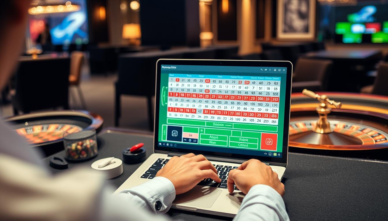 Generate an image of a person using RouleGENIUS software on a computer to predict roulette outcomes Generate an image of a person using RouleGENIUS software on a computer to predict roulette outcomes