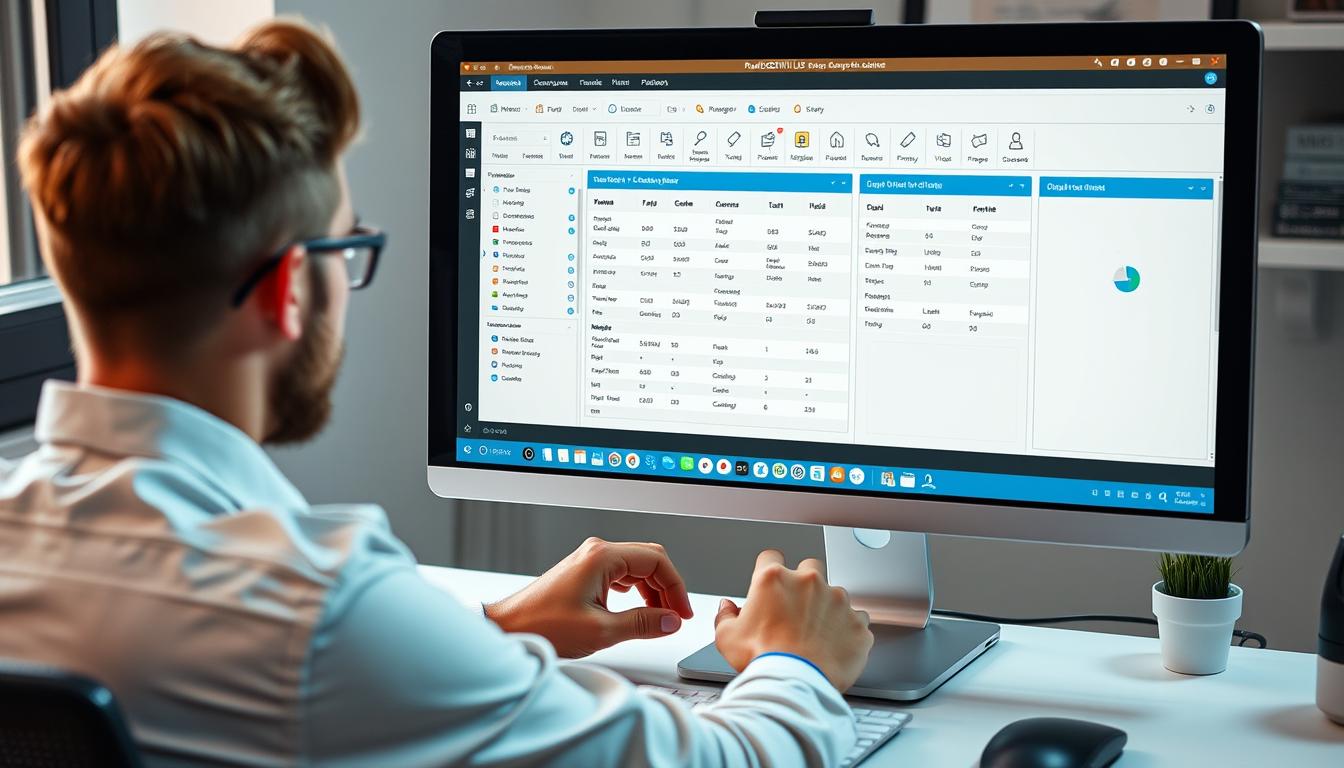 Generate an image of a person using RouleGENIUS software on a desktop.