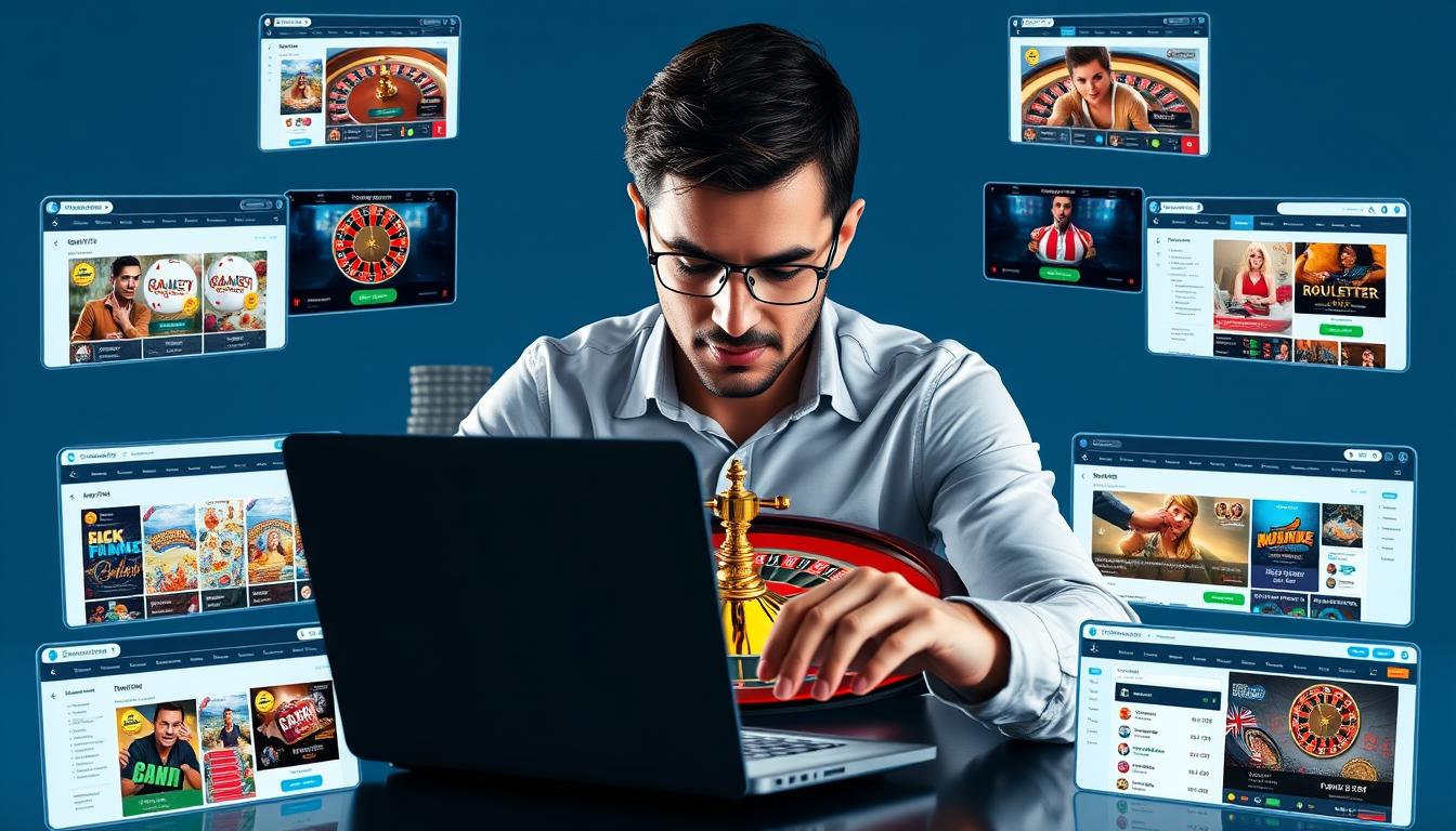 Generate an image of a person using Roulette Bot Pro on their laptop, with multiple online casino tabs open.