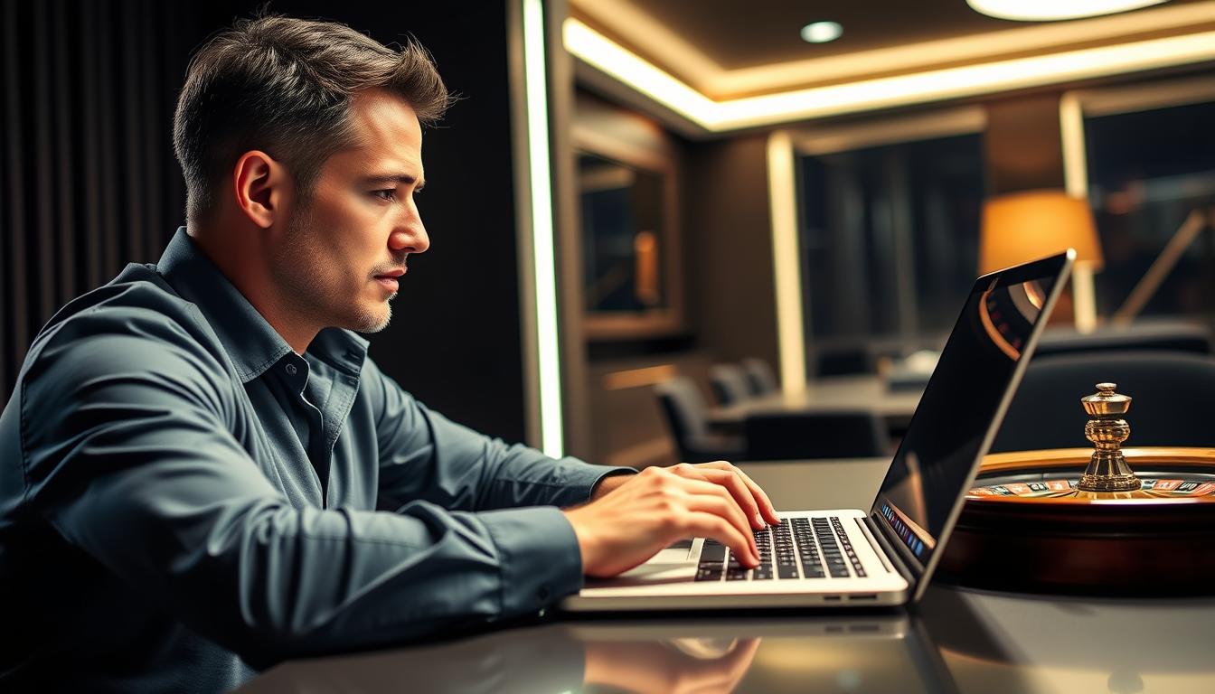 Generate an image of a person using expert roulette betting software on a computer.