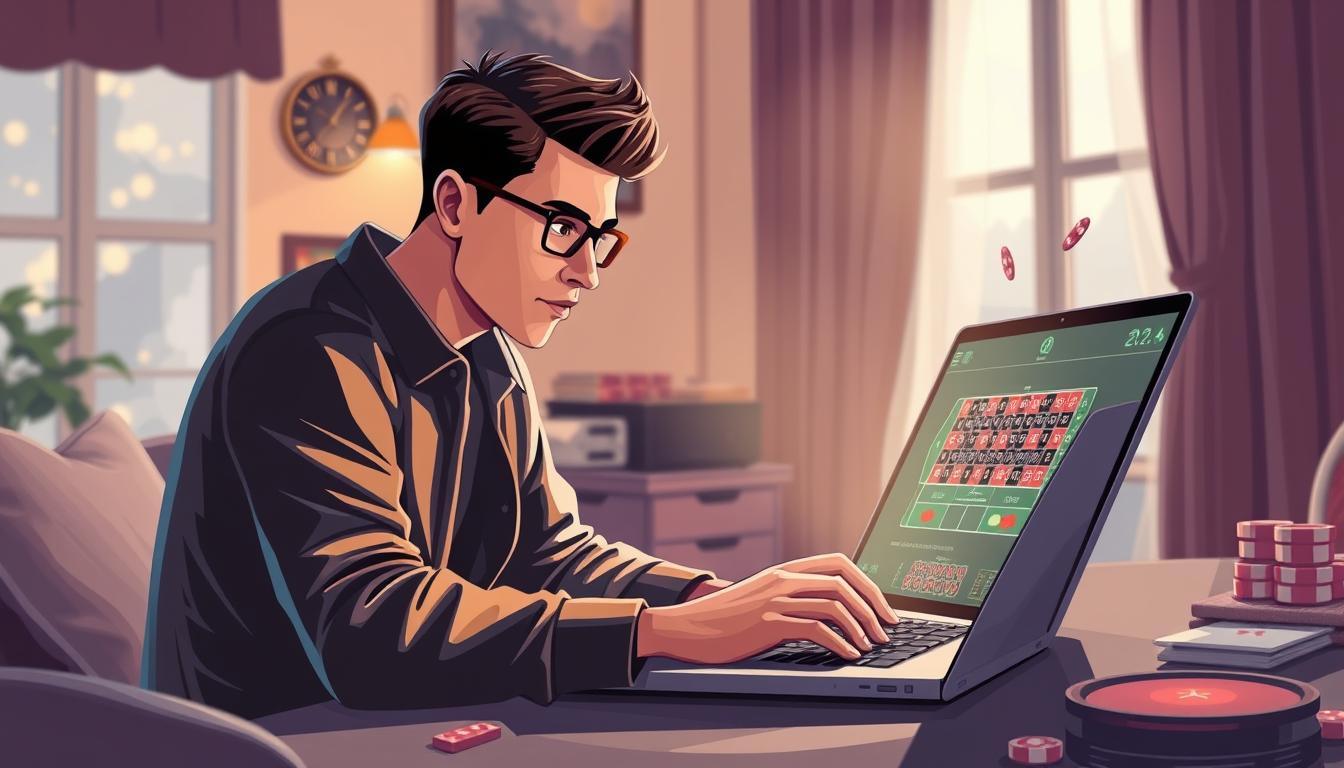 Generate an image of a person using roulette simulation software on a computer Generate an image of a person using roulette simulation software on a computer