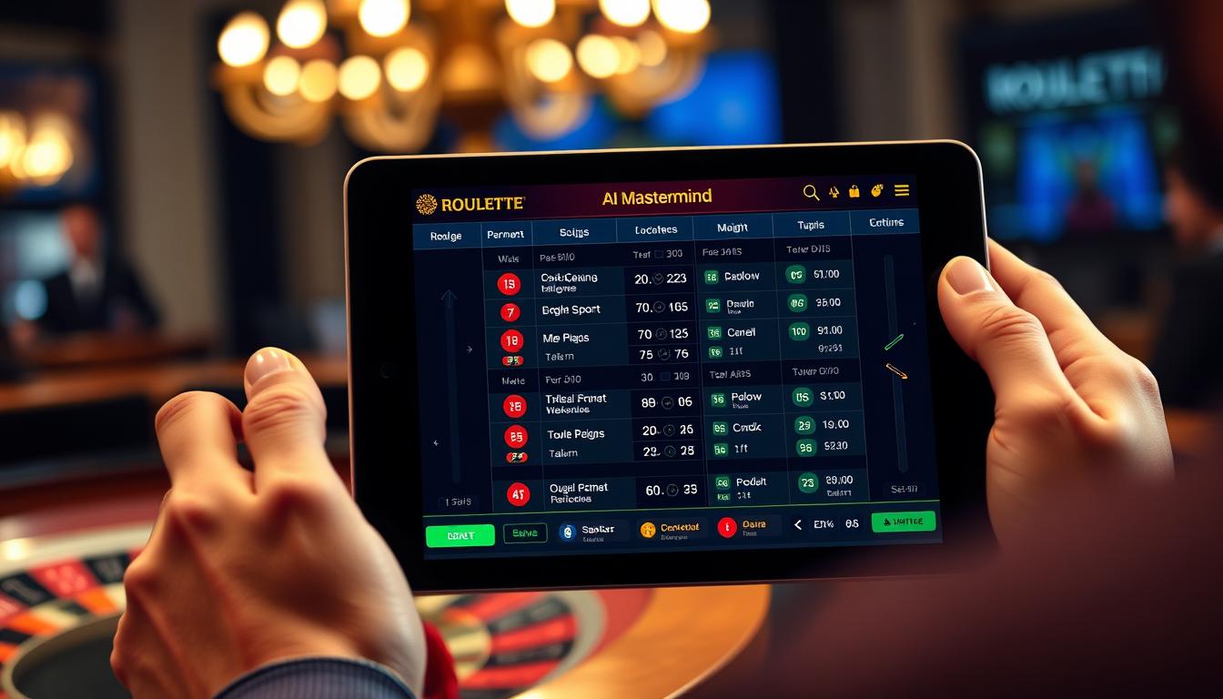 Generate an image of a player using Roulette Odds Mastermind AI Assistant on a tablet. Generate an image of a player using Roulette Odds Mastermind AI Assistant on a tablet.