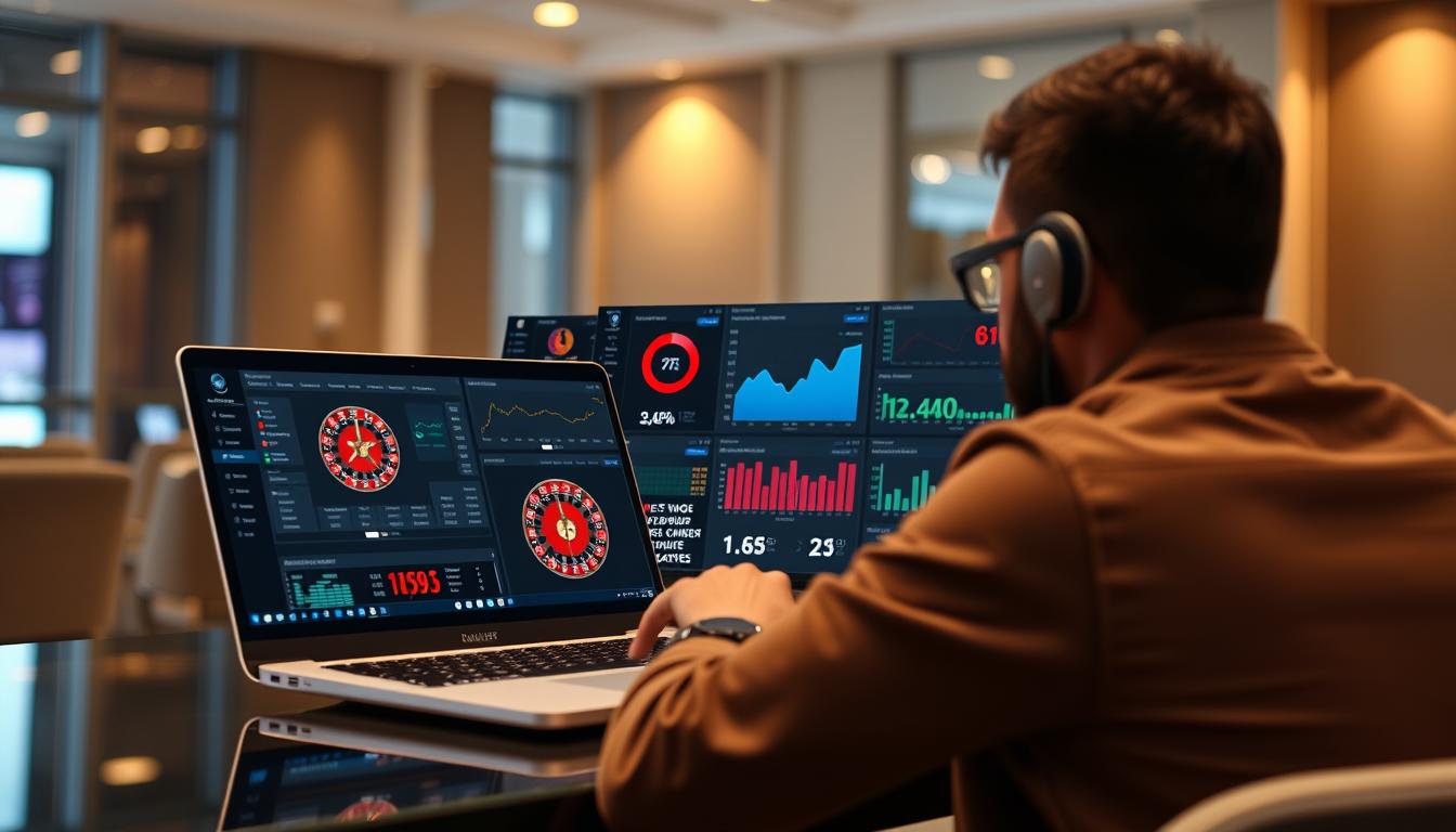 Generate an image of a player using Roulette Software88 Analytics System on a laptop. Generate an image of a player using Roulette Software88 Analytics System on a laptop.
