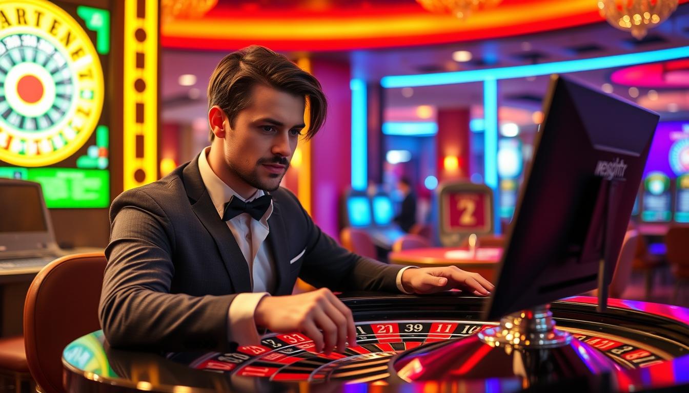 Generate an image of a professional roulette player using BrightR software at a casino.