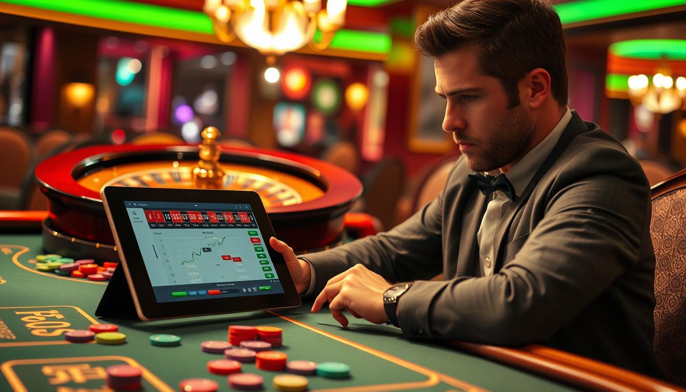 Generate an image of a roulette player at a table with a tablet displaying a roulette strategy optimization tool.