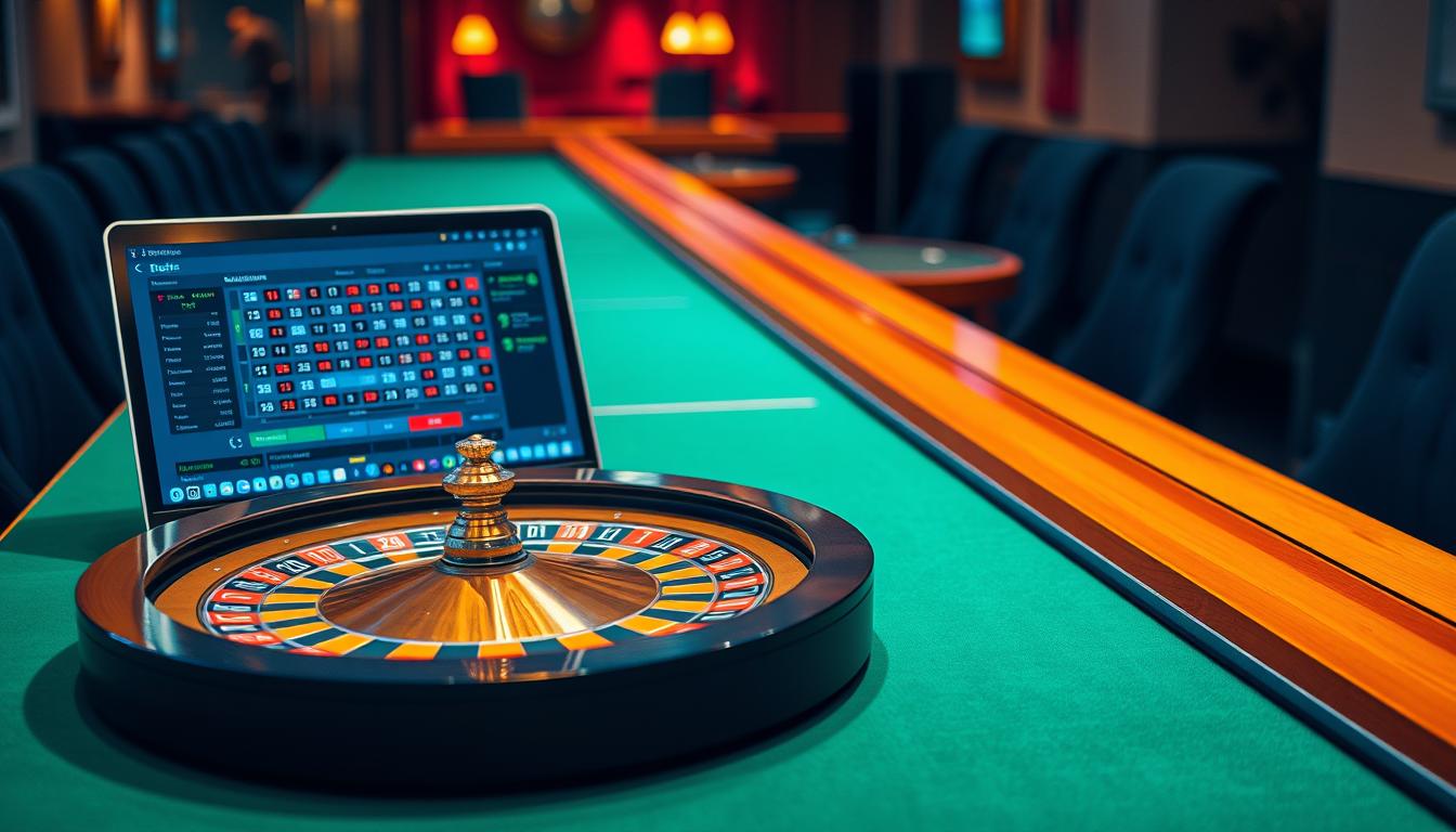 Generate an image of a roulette table with a laptop displaying betting software next to it.