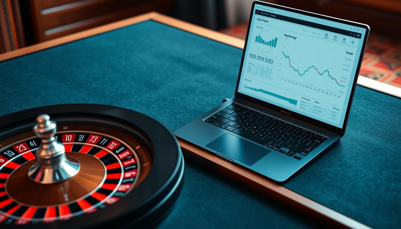 Generate an image of a roulette table with a laptop displaying risk management software