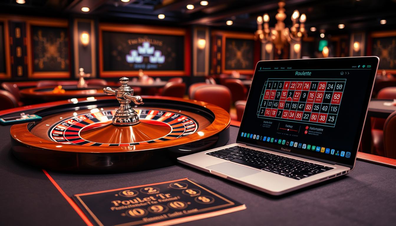 Generate an image of a roulette table with a laptop displaying roulette prediction software next to it.