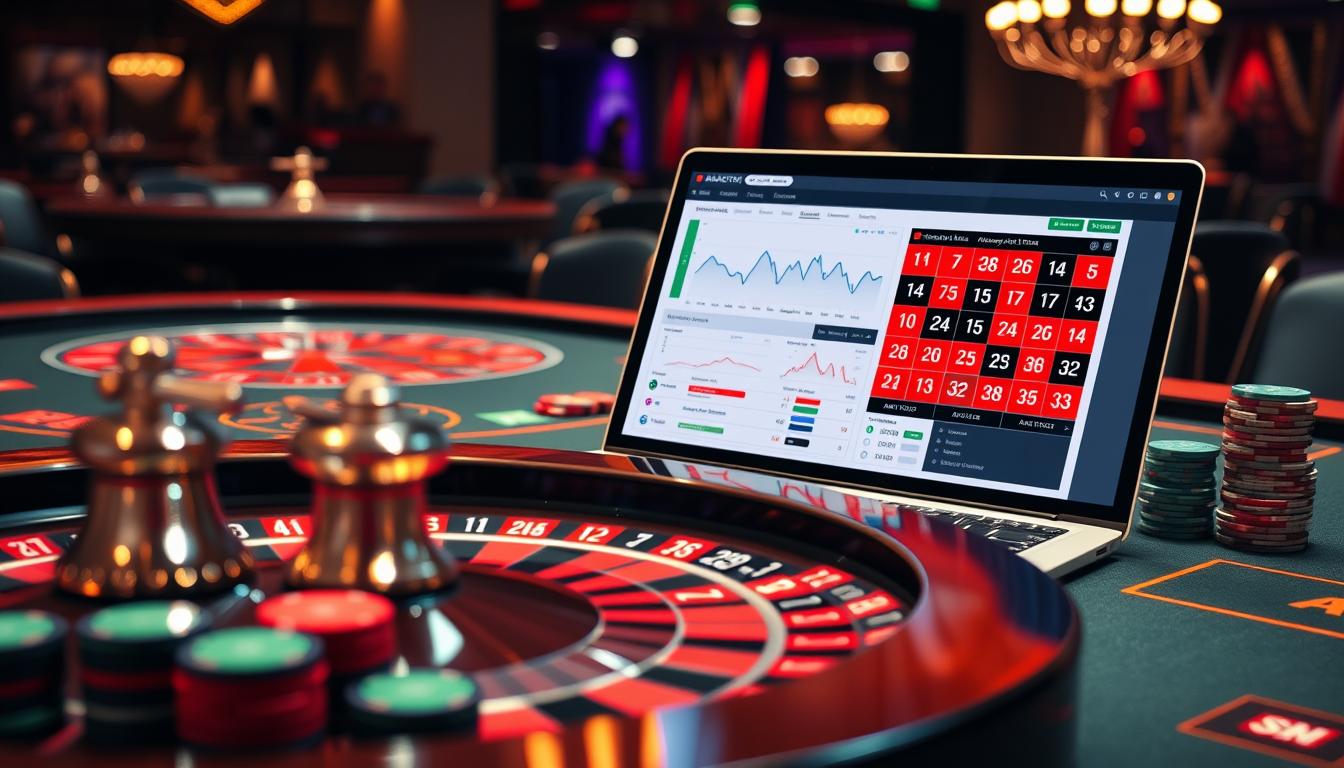 Generate an image of a roulette table with a laptop displaying roulette software analytics in the background. Generate an image of a roulette table with a laptop displaying roulette software analytics in the background.