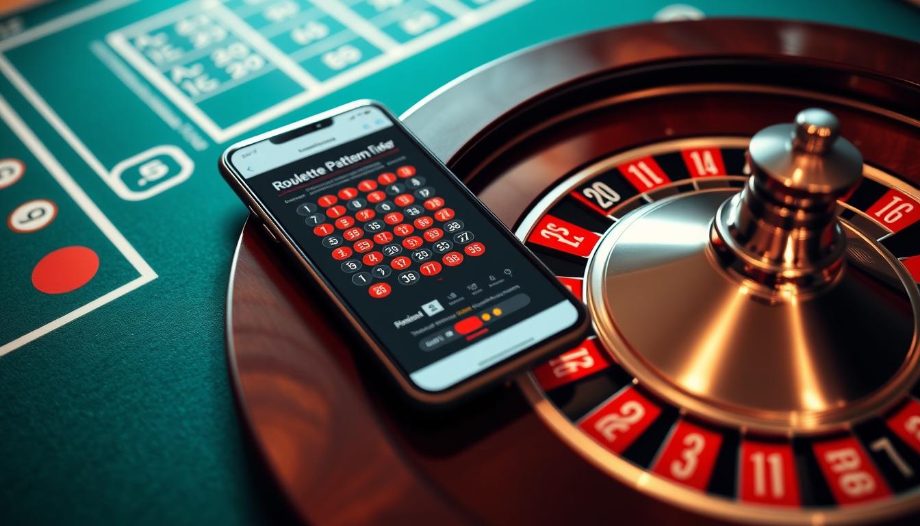 Generate an image of a roulette table with a mobile device displaying the Roulette Pattern Finder app next to it. Generate an image of a roulette table with a mobile device displaying the Roulette Pattern Finder app next to it.