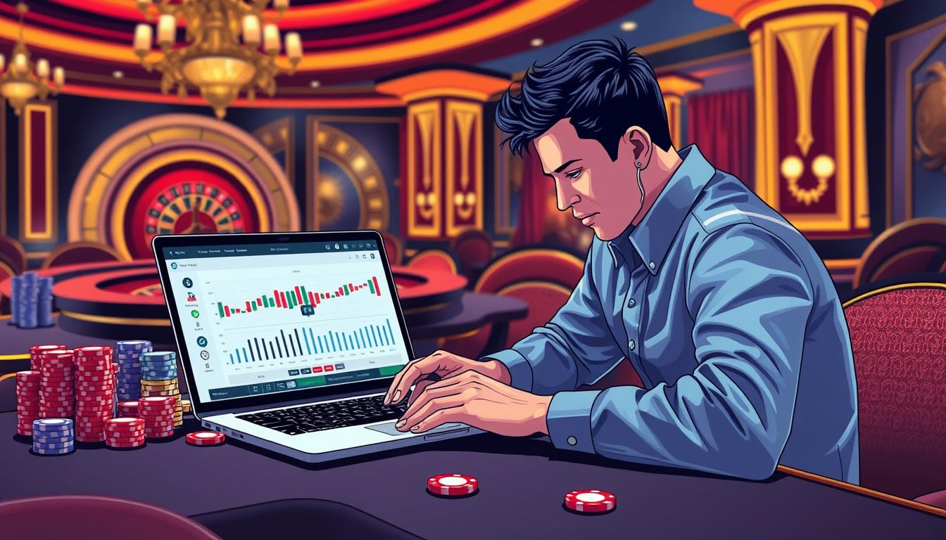 Generate an image of a roulette table with a player using a laptop with roulette prediction software Generate an image of a roulette table with a player using a laptop with roulette prediction software