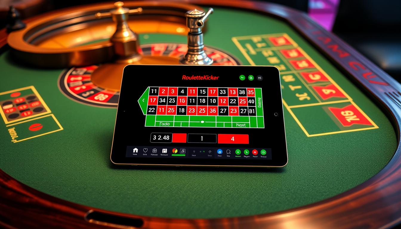 Generate an image of a roulette table with a tablet displaying the Roulette Kicker software interface. Generate an image of a roulette table with a tablet displaying the Roulette Kicker software interface.