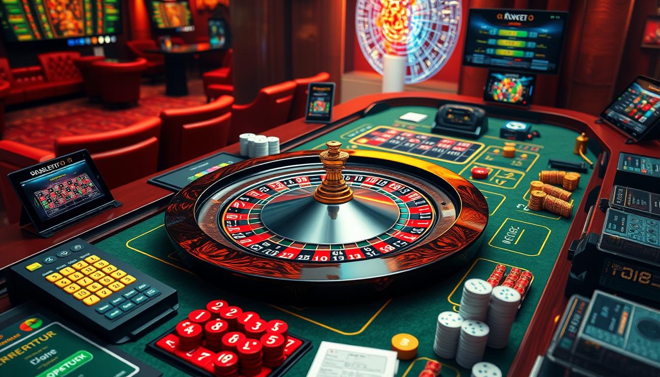 Generate an image of a roulette table with various betting tools and software displayed around it.