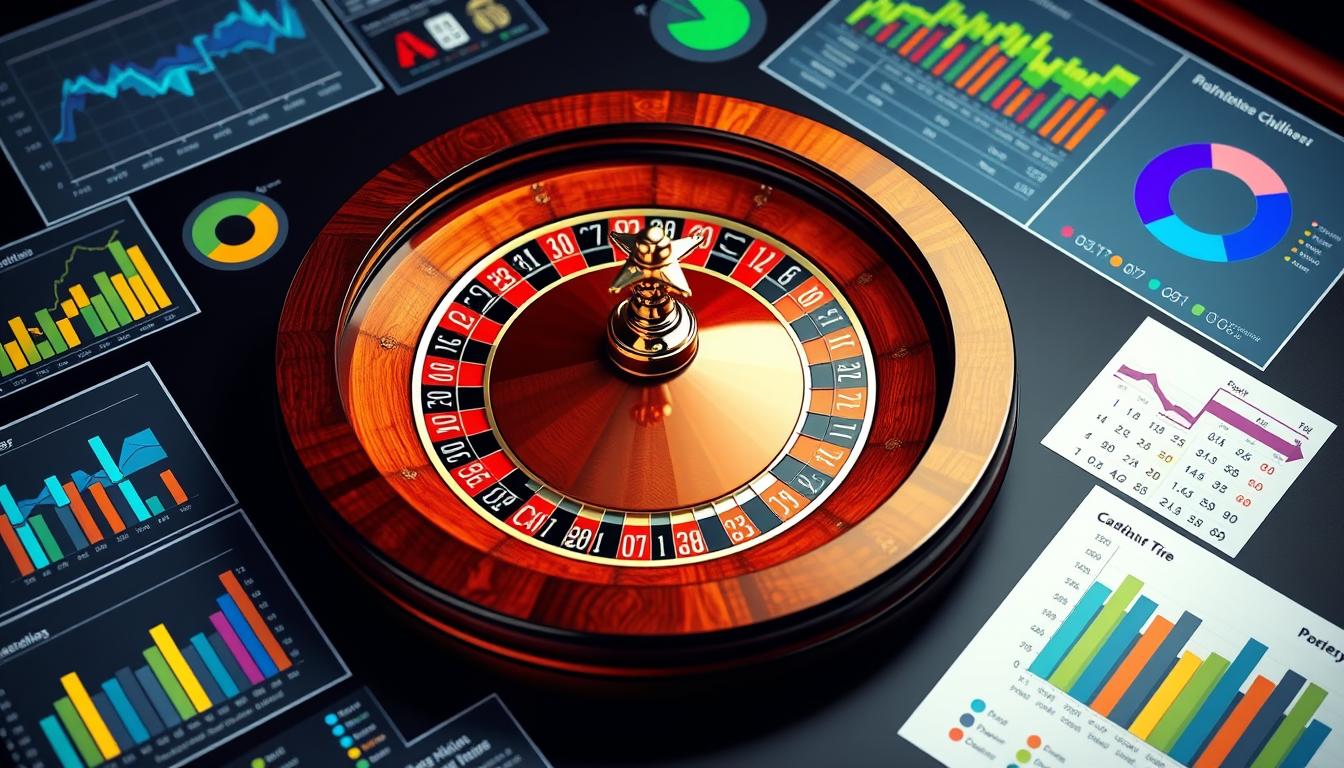 Generate an image of a roulette table with various charts and graphs displayed around it, illustrating the use of visual analytics in roulette. Generate an image of a roulette table with various charts and graphs displayed around it, illustrating the use of visual analytics in roulette.