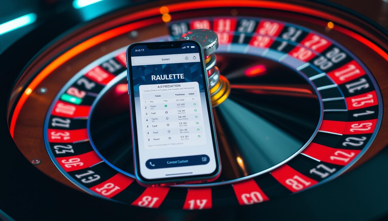 Generate an image of a roulette wheel with a smartphone displaying an AI-powered prediction app in the foreground. Generate an image of a roulette wheel with a smartphone displaying an AI-powered prediction app in the foreground.