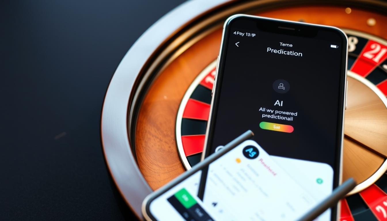 Generate an image of a roulette wheel with a smartphone displaying an AI-powered prediction app next to it. Generate an image of a roulette wheel with a smartphone displaying an AI-powered prediction app next to it.