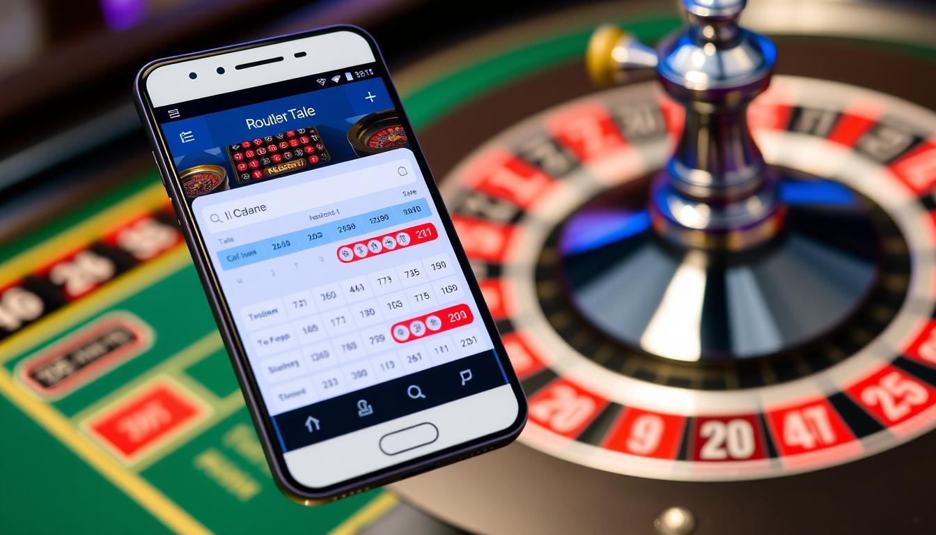 Generate an image of a smartphone displaying the Smart Roulette Tracker app, with a roulette table in the background.