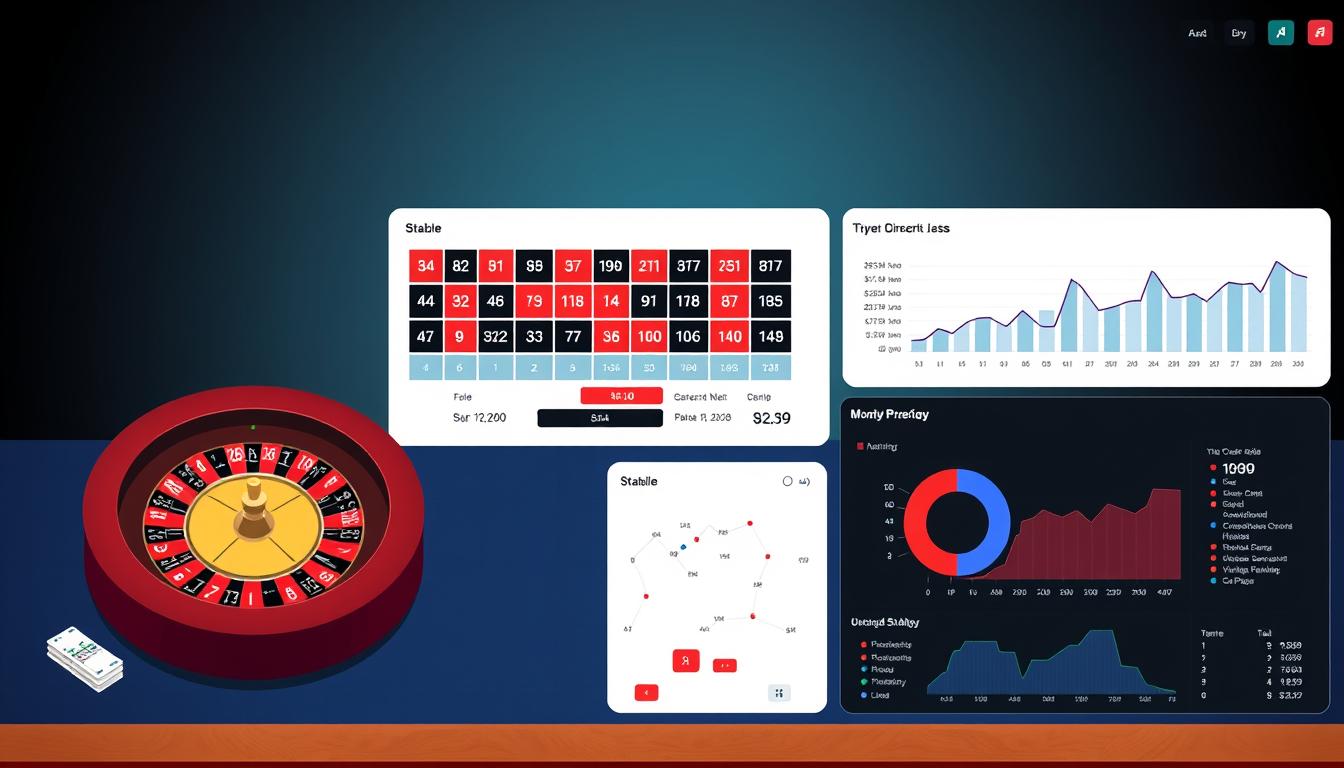 Image of a roulette table with a dashboard displaying statistical analysis
