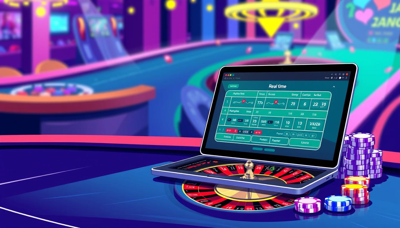 Image of a roulette table with a laptop displaying real-time betting software