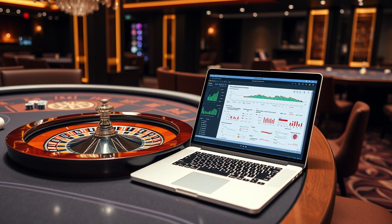 Image of a roulette table with a laptop screen displaying pattern recognition software Image of a roulette table with a laptop screen displaying pattern recognition software