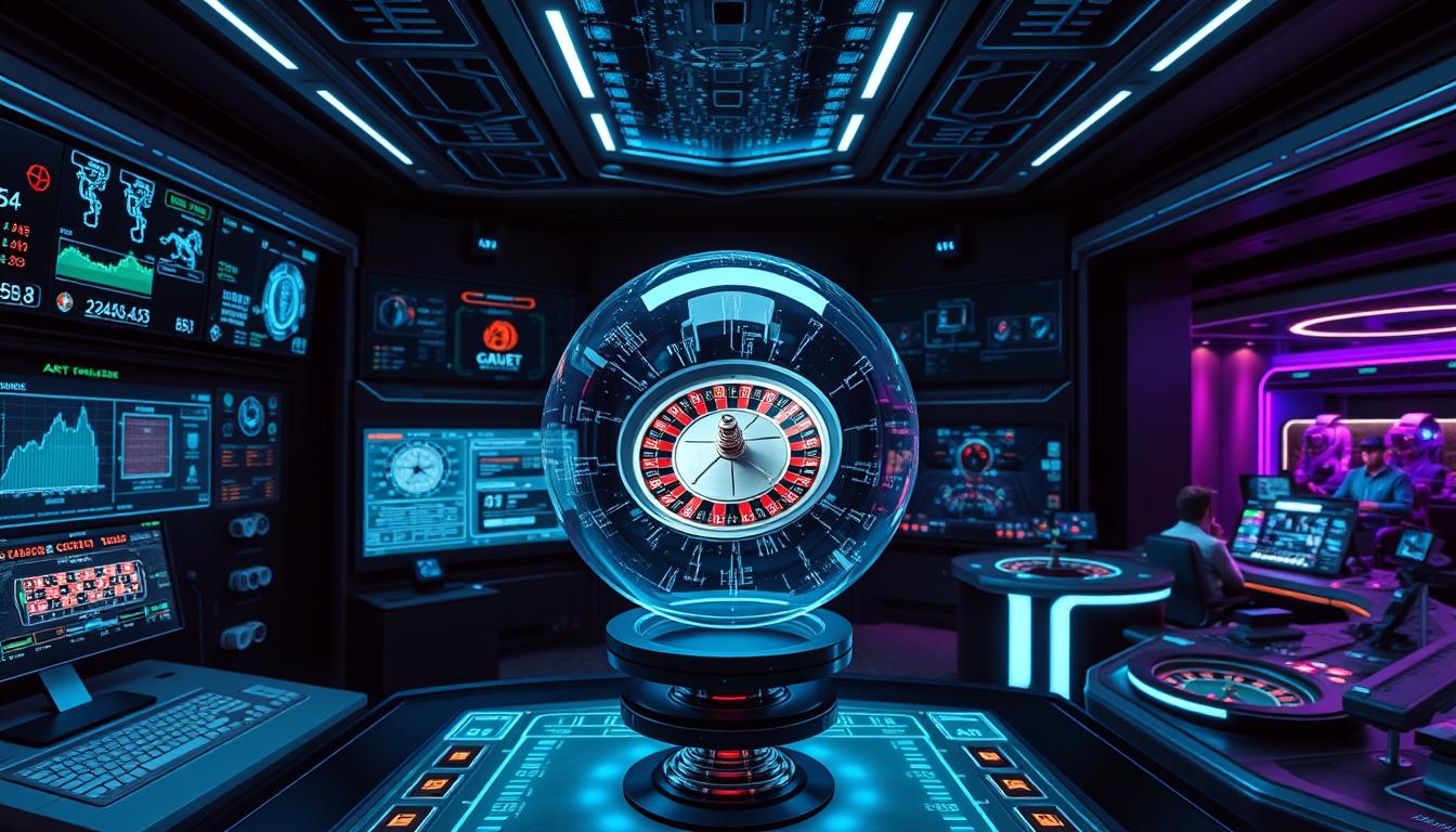 a complex array of digital screens and holographic interfaces, depicting various roulette game simulations, probability calculations, and AI-driven betting strategies. A sleek, futuristic control center with a minimalist aesthetic, bathed in cool blue and purple lighting. In the foreground, a transparent sphere levitates, showing a roulette wheel spinning inside it, while data visualizations and algorithmic patterns swirl around it. In the background, a panoramic view of a high-tech casino with robotic croupiers and patrons immersed in augmented reality gaming experiences. The overall scene conveys a sense of precision, innovation, and the fusion of traditional gambling with cutting-edge AI technology.