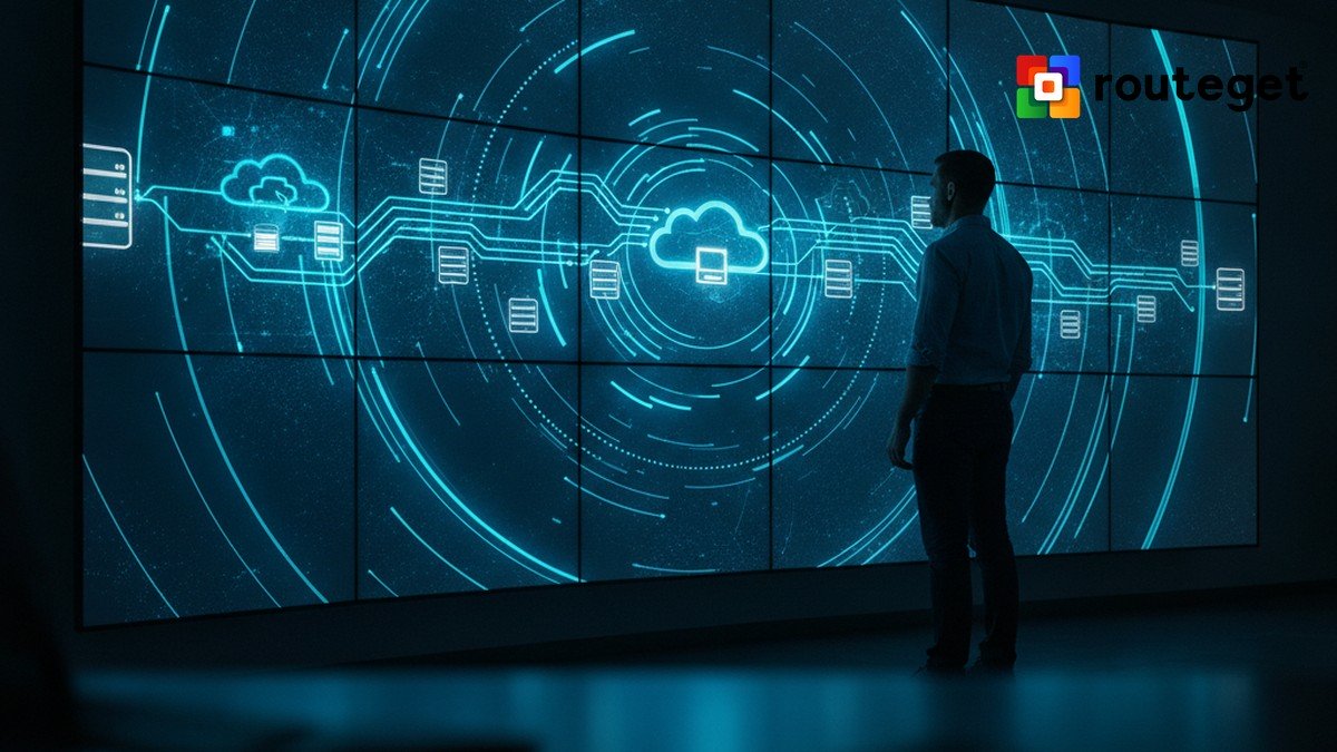 Silhouette of a solutions architect viewing a large screen wall visualizing enterprise system integration data flows converging through a central cloud node